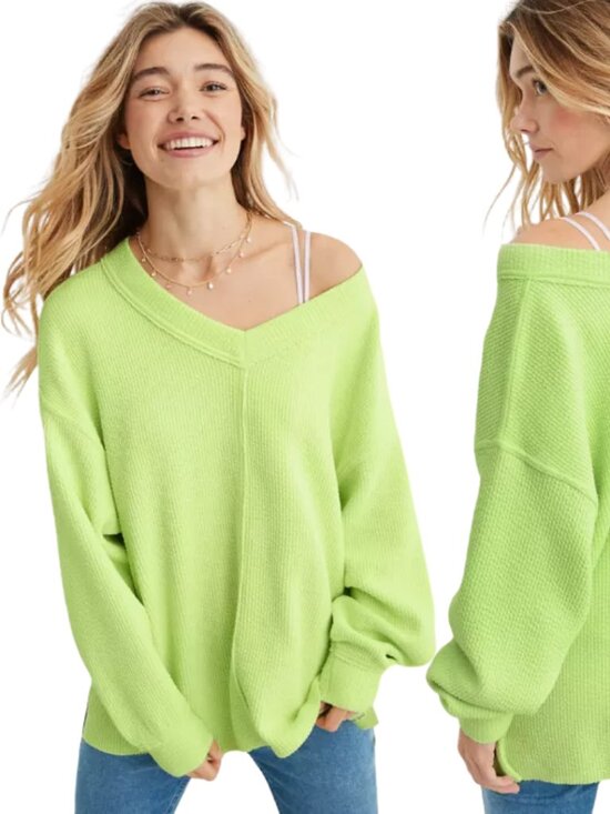 aerie Tops - Aerie Wonder Textured V-Neck Sweatshirt Women's Small Green Glow Pullover Comfy